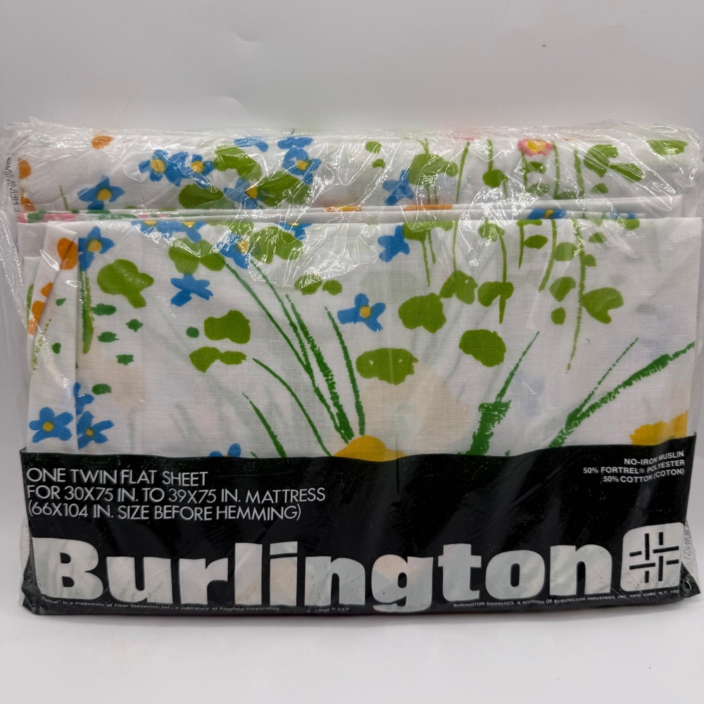 Vintage Burlington Twin Flat Sheet Floral Flowers Meadow NOS New‎ Old Stock